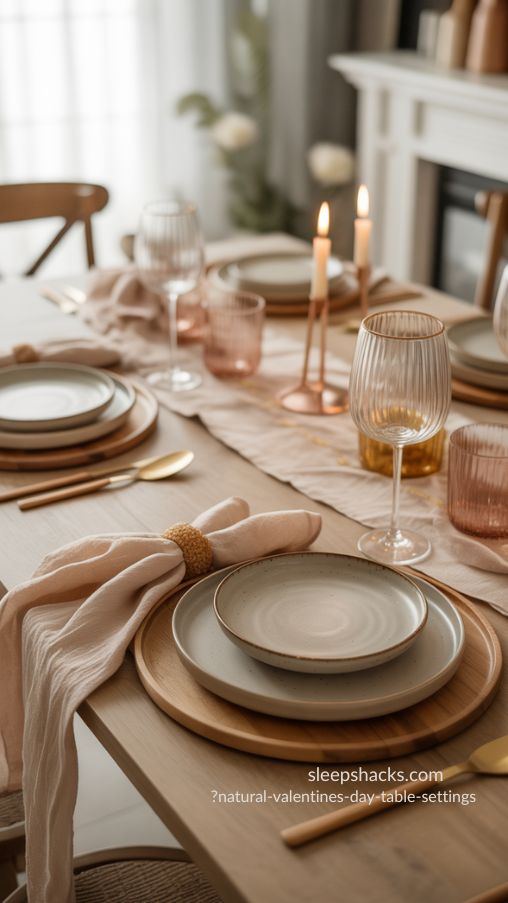Create a high-end, photorealistic Valentine’s Day table setting styled with a soft, natural color palette. The table features muted earthy tones including soft blush pinks, warm ivory, sage green, and gentle natural browns. A textured linen table runner drapes across a solid wooden dining table, layered with wooden chargers and matte stoneware dinner plates in neutral tones. Add linen napkins loosely folded for an organic feel. Subtle metallic accents—such as a gold-rimmed wine glass and slender copper candlesticks with warm candlelight—reflect light softly without overpowering the natural aesthetic. The scene is lit with warm natural daylight, creating a calm, romantic, and serene atmosphere. The styling feels timeless, cozy, and thoughtfully layered, with realistic textures, soft shadows, and magazine-style interior photography in ultra-high resolution.