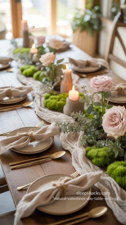 Natural Valentine’s Day Table Settings with Greenery and Linen