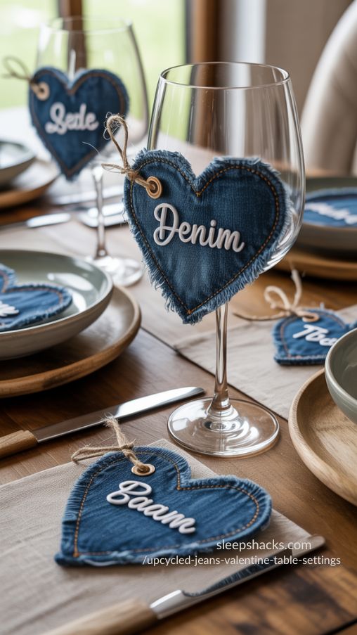 Personalized Denim Place Cards for Upcycled Jeans Valentine Table Settings