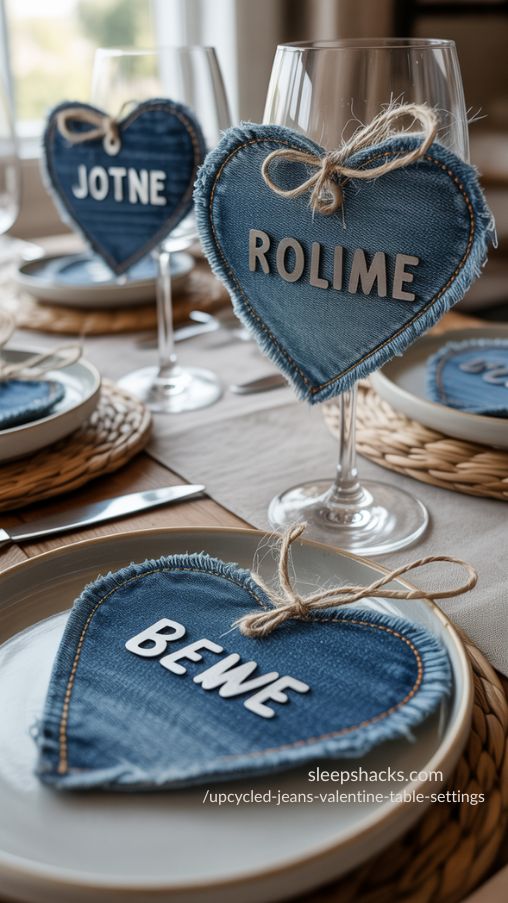Personalized Denim Place Cards for Upcycled Jeans Valentine Table Settings