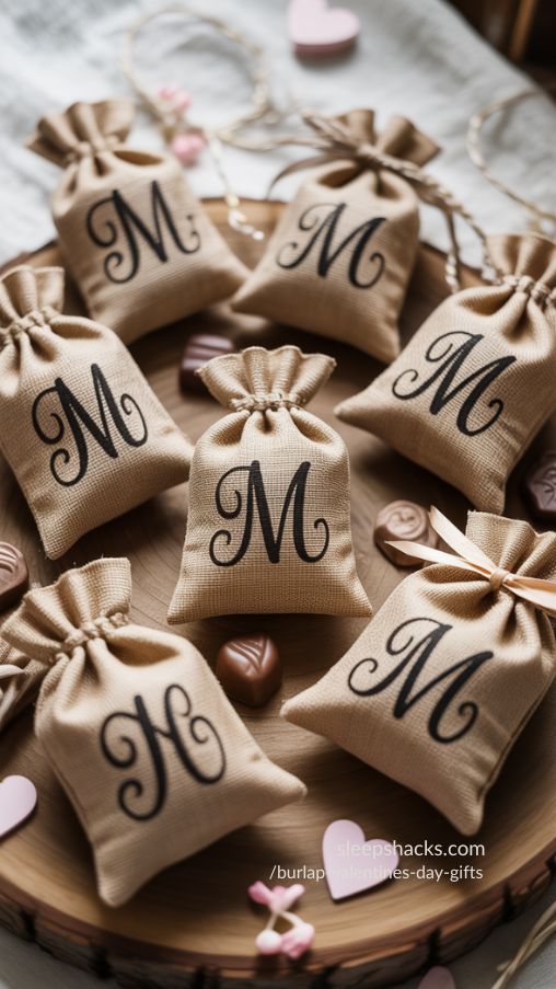 Personalized Rustic Burlap Valentines Bags