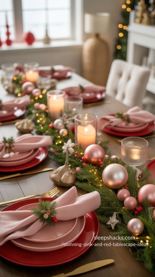 Pink and Red Christmas Tablescape Ideas with Cozy Candlelight
