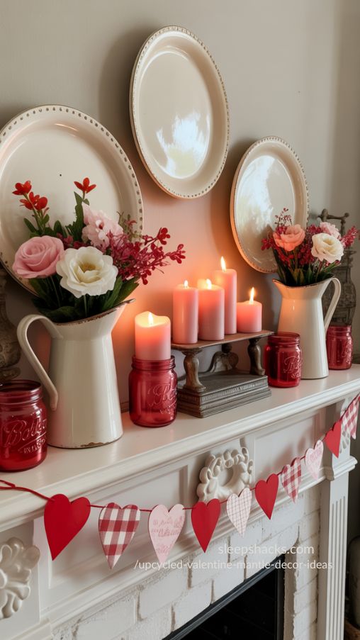 Repurposed Containers and Vintage Finds – Upcycled Valentine Mantel Decor Ideas