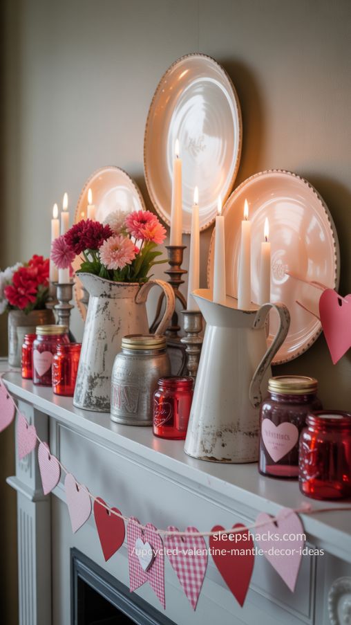 Repurposed Containers and Vintage Finds – Upcycled Valentine Mantel Decor Ideas