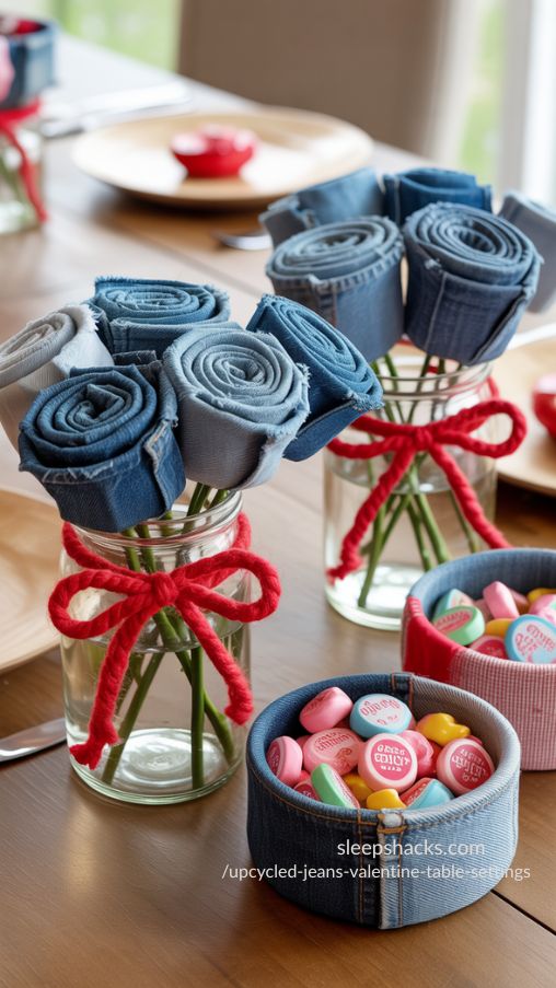 Rolled Denim Roses and Candy Bowls for Upcycled Jeans Valentine Table Settings