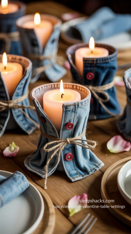 Romantic Denim Candle Wraps for Upcycled Jeans Valentine Table Settings