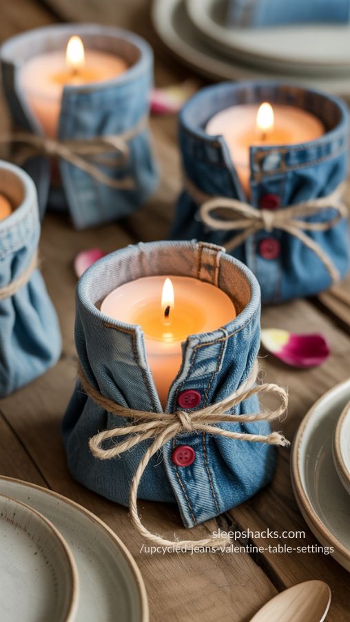 Romantic Denim Candle Wraps for Upcycled Jeans Valentine Table Settings