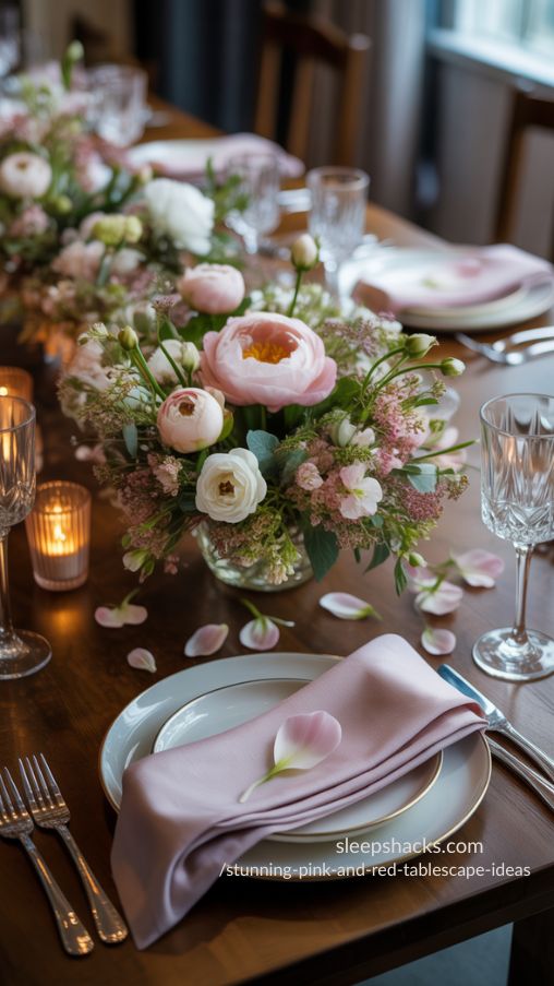Romantic Tablescape with Layered Floral Arrangements and Delicate Petal Details