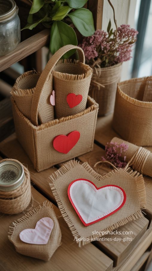 Create a photorealistic image showcasing the sustainability of burlap Valentine’s Day gifts. Arrange several rustic burlap items—mini gift baskets, small burlap bags, DIY hearts, and flower pots—on a wooden surface. Include natural accents like twine, reusable jars, dried flowers, and scraps of burlap fabric to emphasize eco-friendly crafting. Use soft, warm natural lighting to highlight textures and create a cozy, thoughtful vibe. The scene should convey that burlap gifts are not only charming and handmade but also environmentally responsible and reusable.