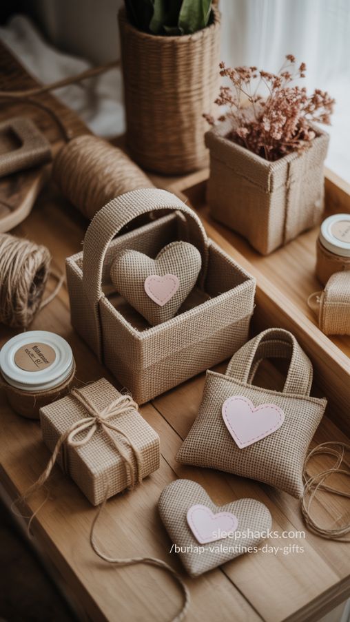Create a photorealistic image showcasing the sustainability of burlap Valentine’s Day gifts. Arrange several rustic burlap items—mini gift baskets, small burlap bags, DIY hearts, and flower pots—on a wooden surface. Include natural accents like twine, reusable jars, dried flowers, and scraps of burlap fabric to emphasize eco-friendly crafting. Use soft, warm natural lighting to highlight textures and create a cozy, thoughtful vibe. The scene should convey that burlap gifts are not only charming and handmade but also environmentally responsible and reusable.