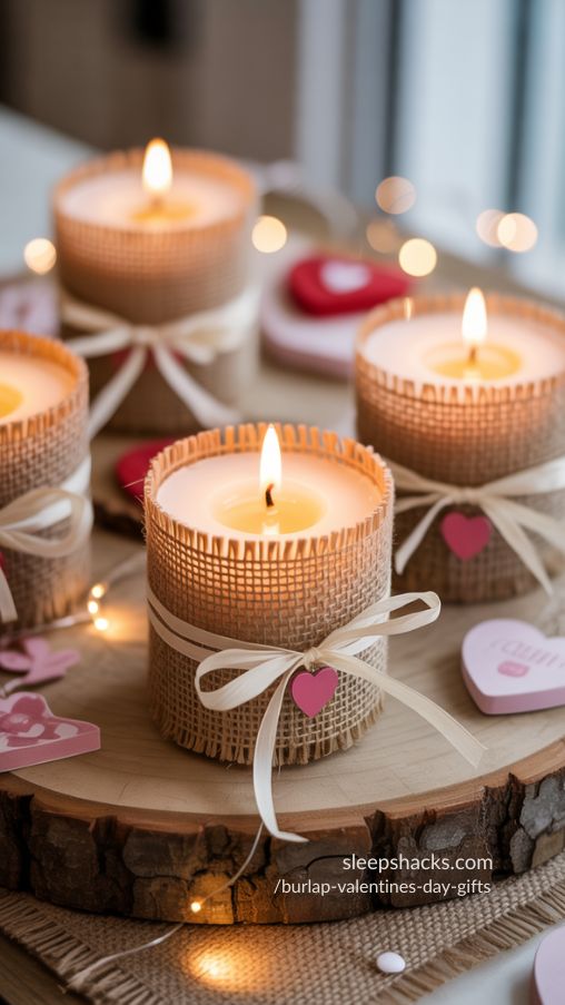 Rustic Burlap-Wrapped Valentines Candles