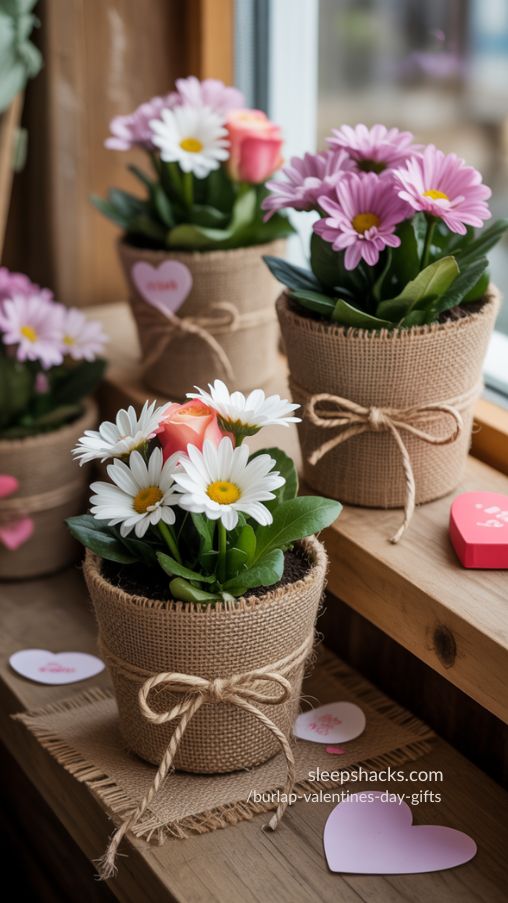 Rustic Burlap-Wrapped Valentines Flower Pots