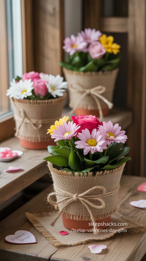 Rustic Burlap-Wrapped Valentines Flower Pots