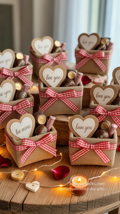 Rustic Mini Burlap Valentines Day Gift Baskets