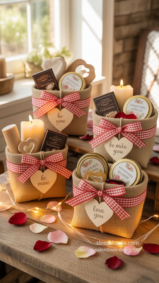 Rustic Mini Burlap Valentines Day Gift Baskets