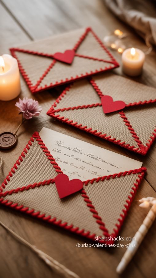 Rustic Red-Stitched Burlap Valentines Envelopes