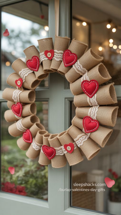 Create a photorealistic image of a burlap Valentine’s Day wreath hanging on a front door. The wreath is made of rustic burlap loops, decorated with small red felt hearts, lace accents, and tiny decorative buttons. The texture of the burlap should be visible and tactile. Surround the wreath with soft natural light, a subtle background of a cozy home entrance, and a few scattered rose petals or small Valentine’s ornaments nearby. The scene should evoke warmth, festive charm, and DIY pride, emphasizing the wreath as a thoughtful and eye-catching Valentine’s decoration.
