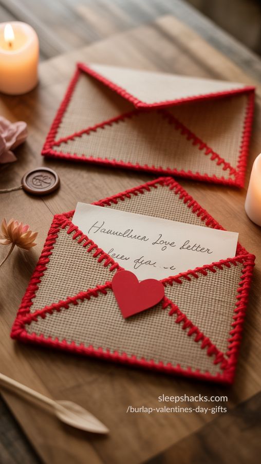 Rustic Red-Stitched Burlap Valentines Envelopes