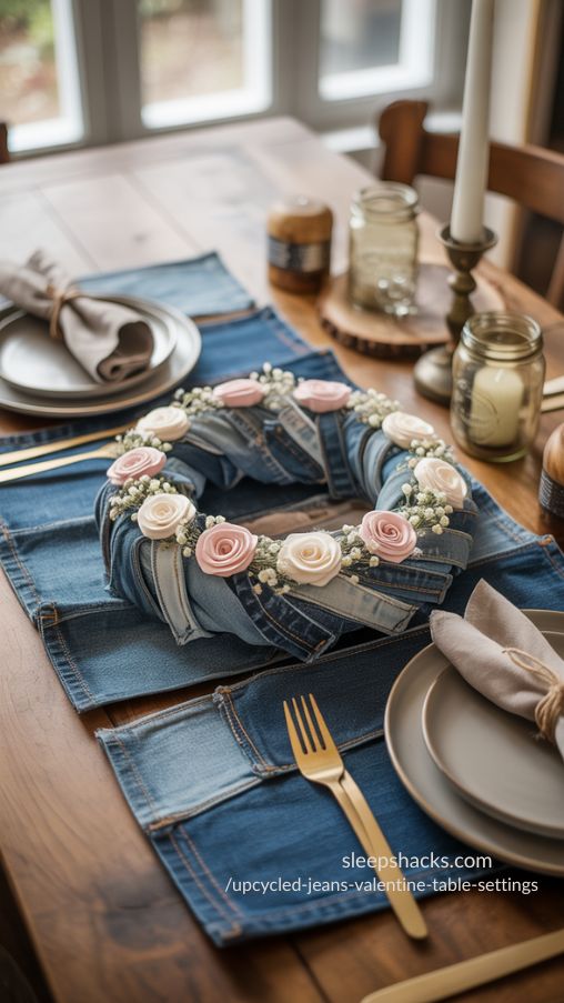 Rustic Upcycled Jeans Valentine Table Setting with Denim Wreath Centerpiece