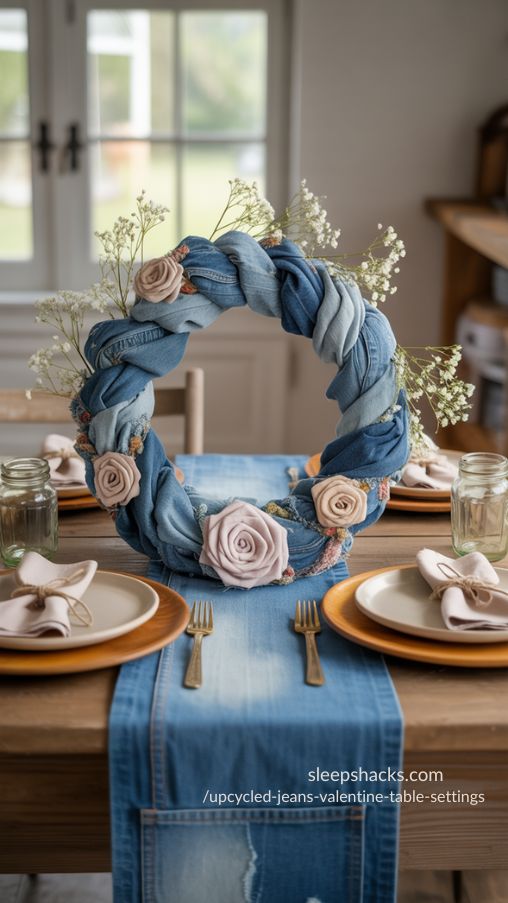 Rustic Upcycled Jeans Valentine Table Setting with Denim Wreath Centerpiece