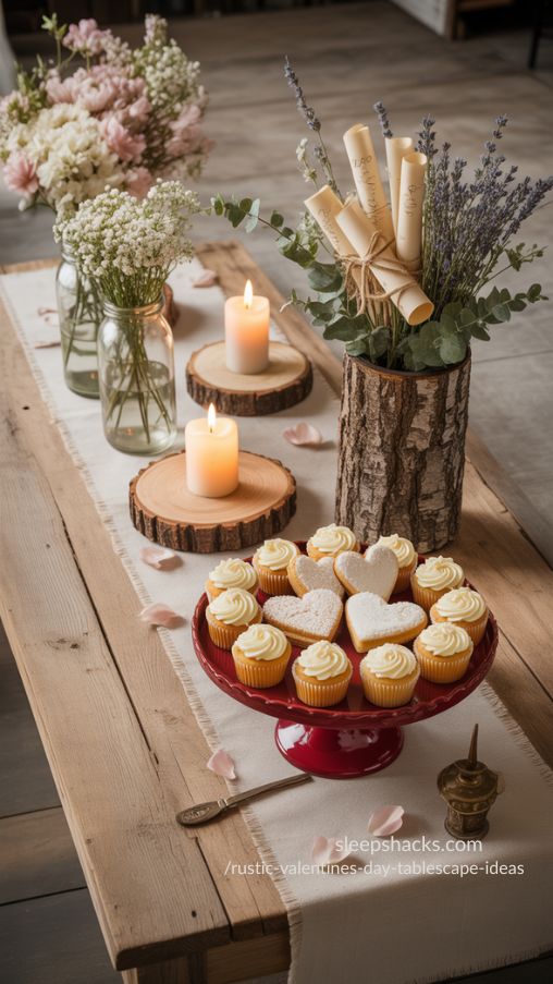 Rustic Valentines Day Centerpiece Ideas with Mason Jars, Wood & Sweet Treats (1)
