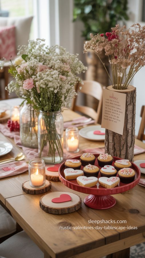 Rustic Valentine’s Day Centerpiece Ideas with Mason Jars, Wood & Sweet Treats