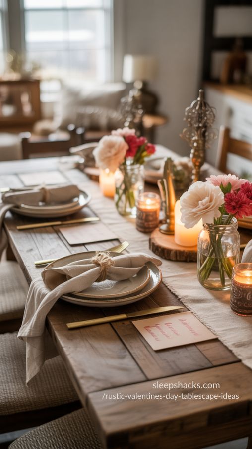 Rustic Valentine’s Day Tablescape Ideas with Wooden Table & Linen Textures