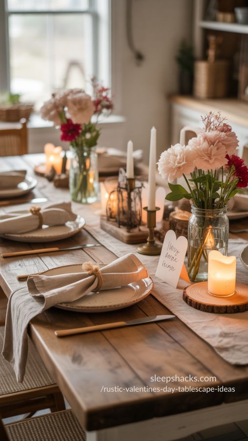 Rustic Valentine’s Day Tablescape Ideas with Wooden Table & Linen Textures