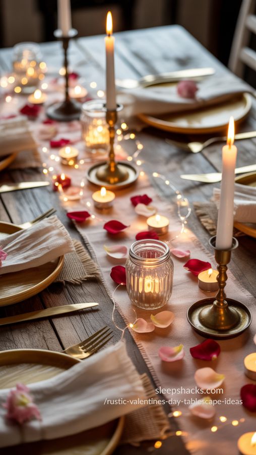 Rustic Valentines Day Tablescape with Candles, Fairy Lights & Cozy Mood