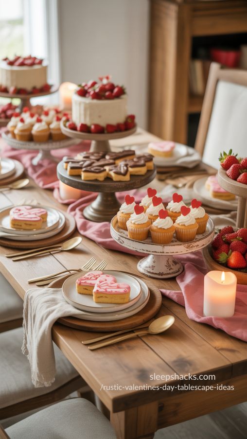 Rustic Valentines Day Tablescape with Sweet Treats as Decorative Accents