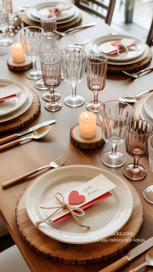 Rustic Valentines Day Tablescape with Vintage Plates, Goblets & Mixed Flatware
