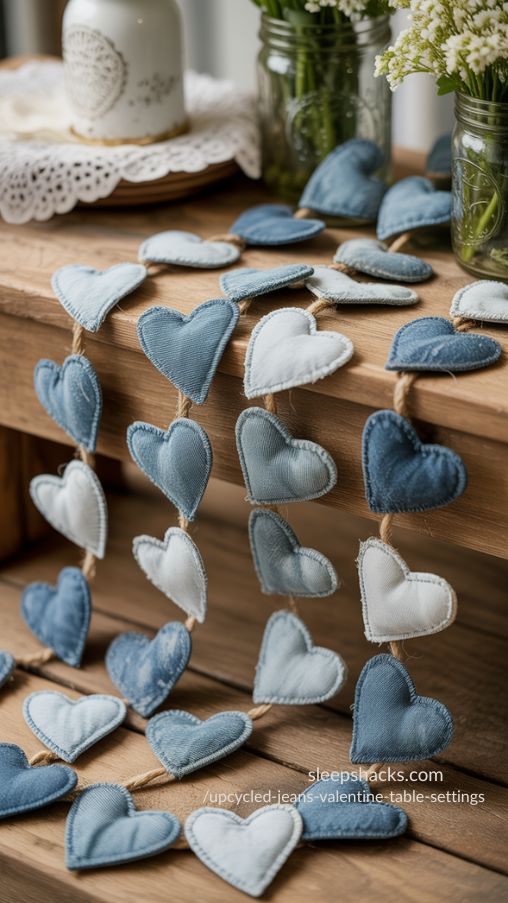Shabby Chic Denim Heart Garland for Upcycled Jeans Valentine Table Settings
