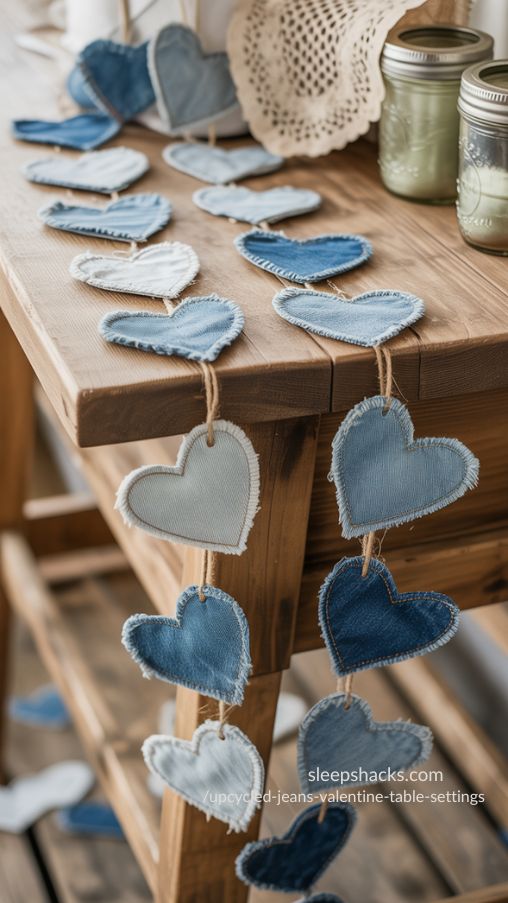 Shabby Chic Denim Heart Garland for Upcycled Jeans Valentine Table Settings