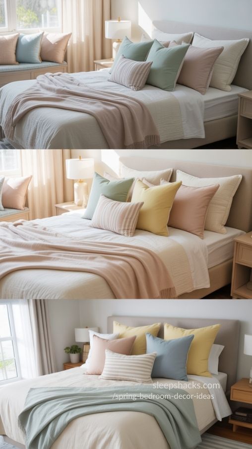Spring Bedroom Decor Ideas with Pastel Accent Pillows and Throws