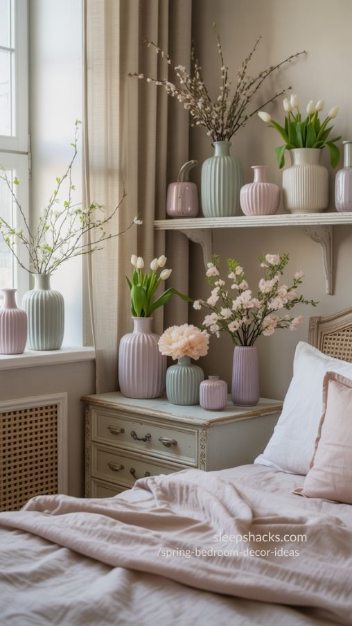 Spring Bedroom Decor with Pastel Vases and Jars