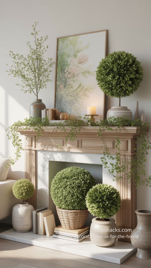 Spring Mantel Magic with Topiaries and Seasonal Art