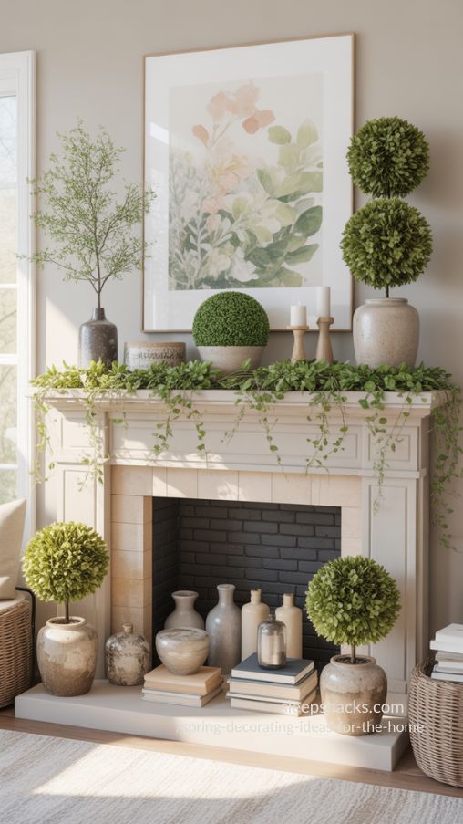 Spring Mantel Magic with Topiaries and Seasonal Art