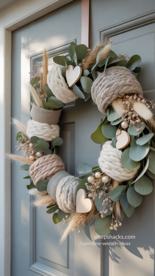 Textured Modern Valentine Wreath with Layered Yarn, Fabric, and Accents