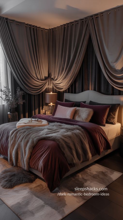 Textures That Enhance Romance – Layered, Cozy, and Luxurious Dark Bedroom