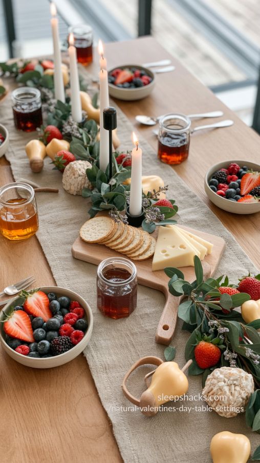 Create an ultra-realistic, photorealistic Natural Valentine’s Day table setting that incorporates edible decor elements. The table features a warm wooden surface with a neutral linen table runner. Small ceramic bowls of fresh berries, chocolate-dipped strawberries, and glass jars filled with honey or artisan jam are styled naturally across the table. A petite cheese board with sliced cheese, crackers, and herbs is incorporated into the centerpiece, blending seamlessly with greenery and soft florals. The edible elements are arranged thoughtfully, inviting interaction and casual snacking. Natural daylight and soft candlelight highlight the textures of fruit, wood, linen, and glass. The overall mood is cozy, romantic, and welcoming—functional yet elegant—captured in high-resolution, magazine-style interior photography with realistic lighting and depth.