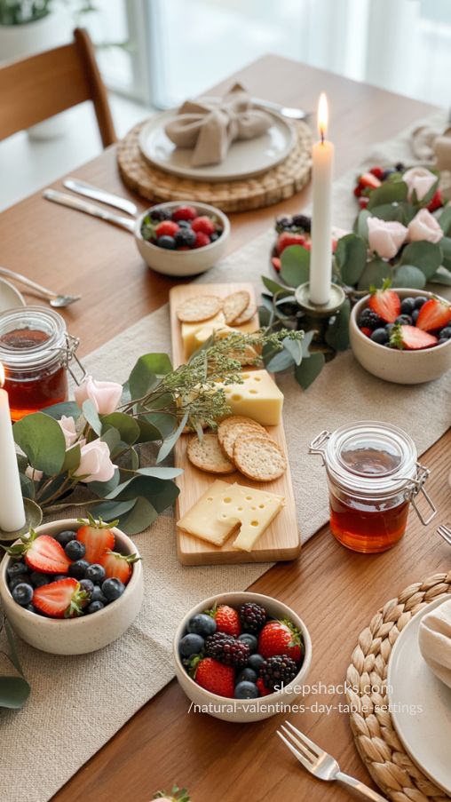 Create an ultra-realistic, photorealistic Natural Valentine’s Day table setting that incorporates edible decor elements. The table features a warm wooden surface with a neutral linen table runner. Small ceramic bowls of fresh berries, chocolate-dipped strawberries, and glass jars filled with honey or artisan jam are styled naturally across the table. A petite cheese board with sliced cheese, crackers, and herbs is incorporated into the centerpiece, blending seamlessly with greenery and soft florals. The edible elements are arranged thoughtfully, inviting interaction and casual snacking. Natural daylight and soft candlelight highlight the textures of fruit, wood, linen, and glass. The overall mood is cozy, romantic, and welcoming—functional yet elegant—captured in high-resolution, magazine-style interior photography with realistic lighting and depth.