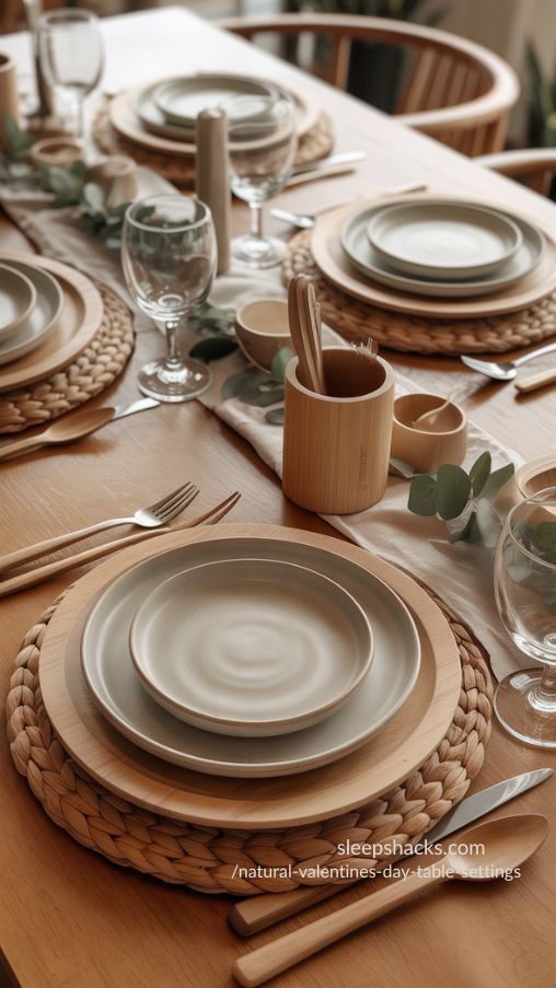 Create an ultra-realistic, photorealistic Natural Valentine’s Day table setting that emphasizes authentic, organic materials. The table is styled with wooden chargers, matte ceramic and stoneware plates, and soft linen or cotton napkins in neutral tones. Woven placemats add texture beneath the place settings, while simple, slightly imperfect glassware keeps the look relaxed and natural rather than overly polished. A small bamboo utensil holder and minimal wooden accents enhance the organic feel. The table sits on a warm wooden surface with subtle greenery accents. Lighting is soft and natural, highlighting the raw textures and gentle imperfections of each material. The atmosphere feels warm, inviting, and timeless—simple yet refined—captured in high-resolution, magazine-style interior photography with true-to-life lighting and depth.