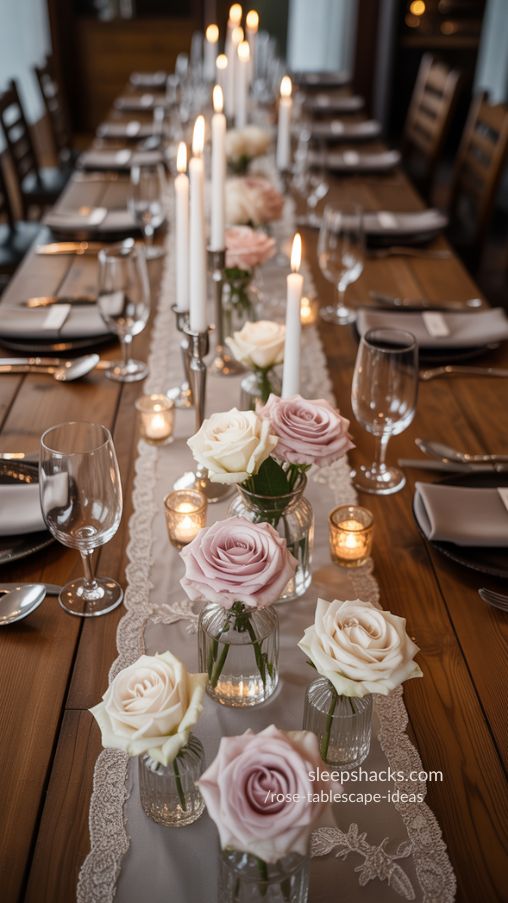 Timeless Classic Blush and Ivory Rose Tablescape with Lace Runner and Candlelight