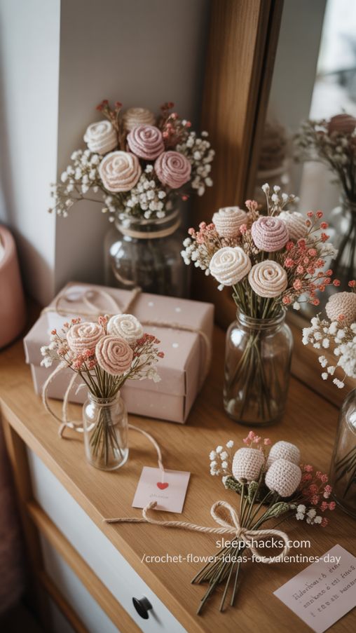 Tiny Crochet Flower Bouquets – Sweet and Compact Valentines Day Decor