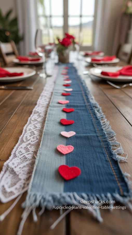Frayed Edge Denim & Lace Valentine Table Runner – Upcycled Jeans Romantic Centerpiece