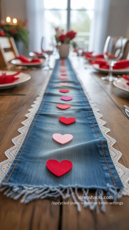 Frayed Edge Denim & Lace Valentine Table Runner – Upcycled Jeans Romantic Centerpiece