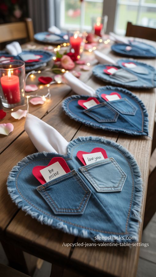 Upcycled Denim Heart Pocket Napkin Holders – Romantic Valentine’s Table Decor Idea