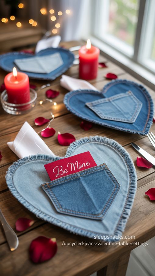 Upcycled Denim Heart Pocket Napkin Holders – Romantic Valentine’s Table Decor Idea
