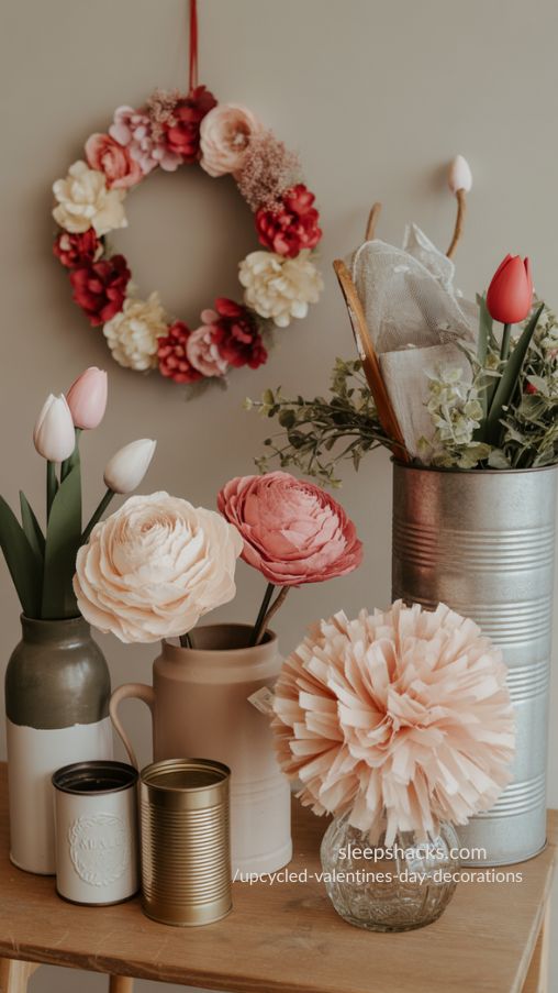 Upcycled Floral Decor for Valentine’s Day with Faux Flowers and Repurposed Vases