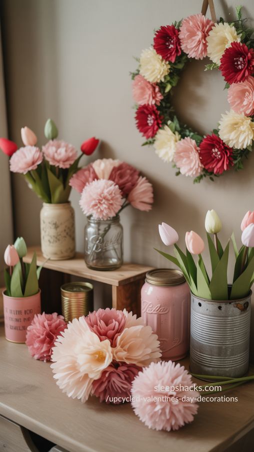 Upcycled Floral Decor for Valentine’s Day with Faux Flowers and Repurposed Vases